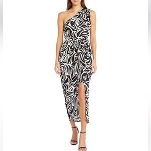 New DONNA MORGAN Printed One-Shoulder Tie-Waist Dress